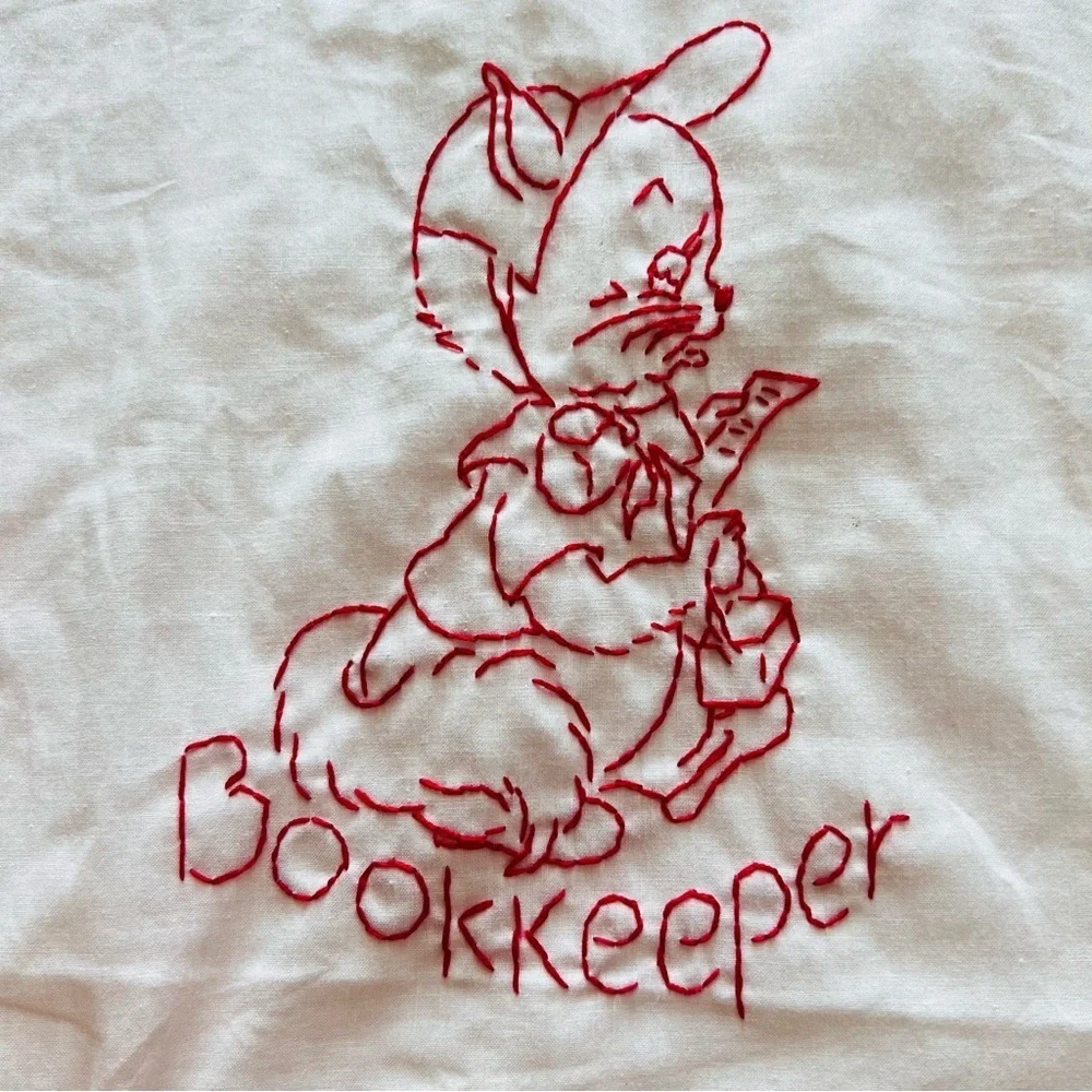 Hand-Embroidered Redwork Quilt – “Career Cats” Theme – 6 Panels